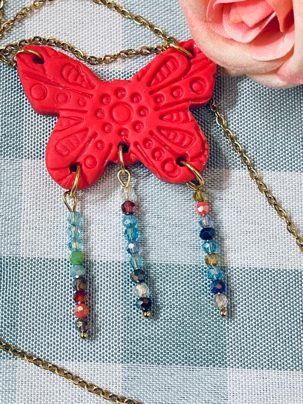 Bohemian style Red Butterfly Pendant Necklace with Multicolor Beaded Tassels - Picture 2 of 4